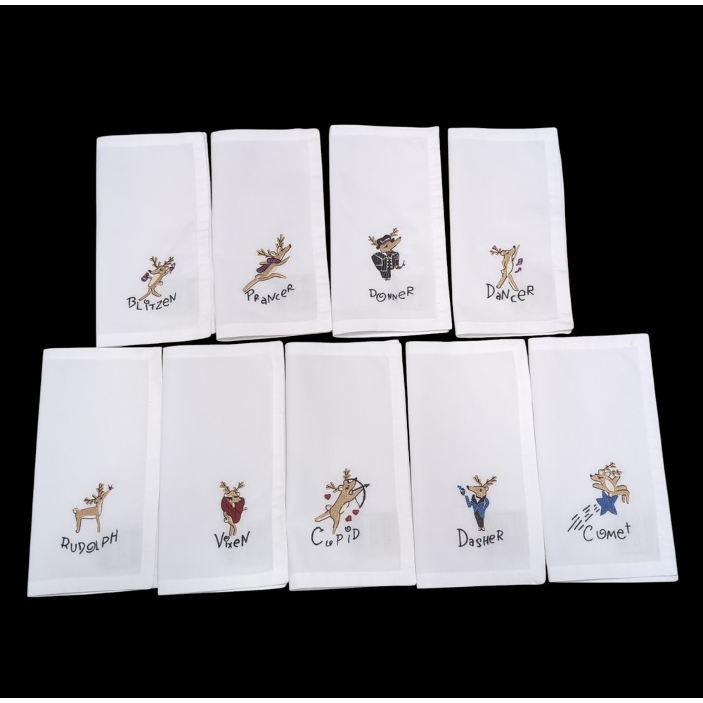 Vtg 2006 Pottery Barn Embroidered Reindeer Christmas Napkins 10" Square Cotton